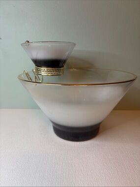 Vintage Blendo Frosted Black and White Glass Chip & Dip Bowl with Gold Trim